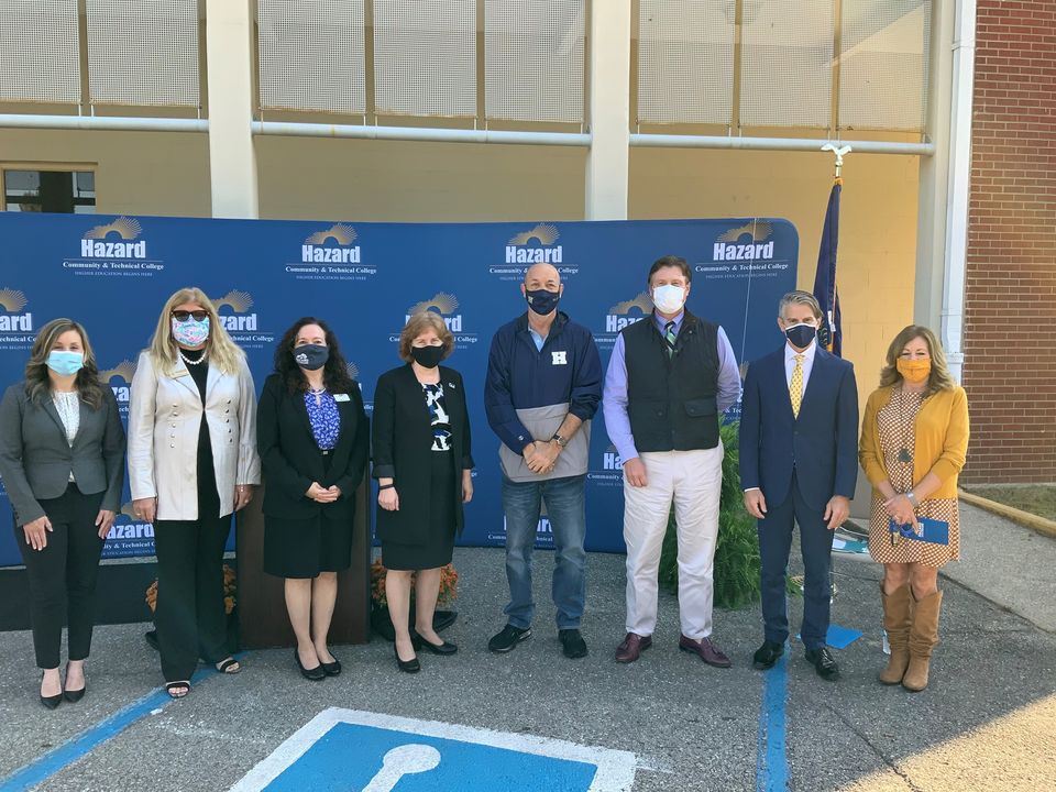 Joel Frushone with state and local elected officials and Kentucky Community and Technical College System faculty, Hazard, Kentucky